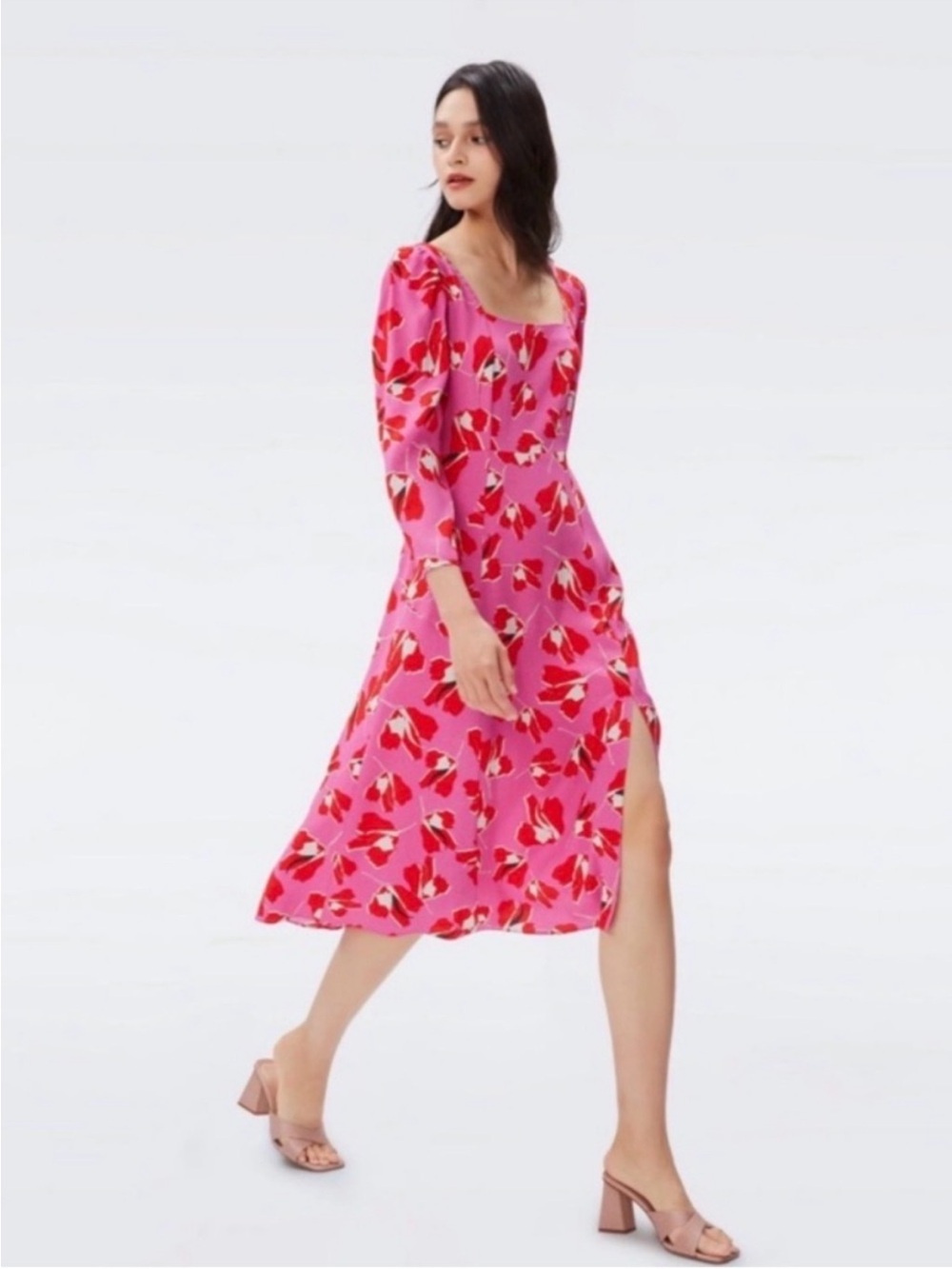 Diane Von Furstenberg Pink Floral Midi Dress with Square Neck
